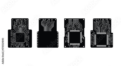 Close up electronic circuit board components microchip technology four views pattern background vector