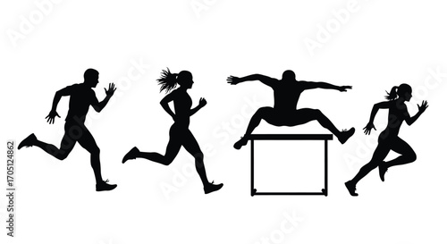 Athletic silhouettes of runners and hurdler in action on a vector