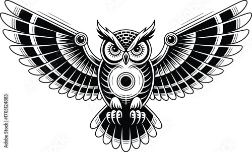 Black and white stylized owl with outstretched wings