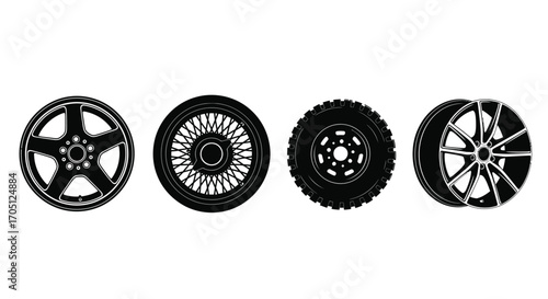 Collection of four distinct car wheel rims and tires showcasing various designs and textures vector