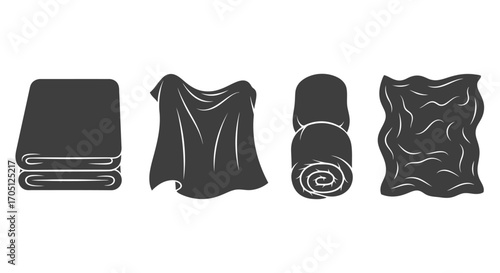 Set of four fabric textures showing folded and rolled blankets and towels in dark grey silhouette vector