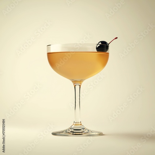 Cocktail in coupe glass topped with a black cherry against a soft background