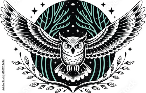 Black and white owl with outstretched wings and branches