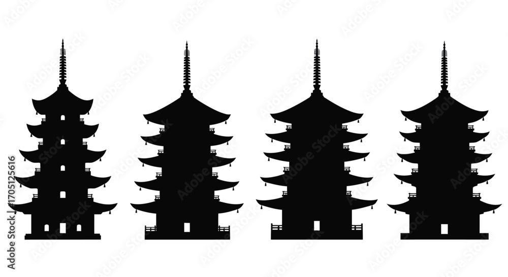 Obraz premium Silhouette collection of traditional japanese pagoda towers architectural landmarks silhouette collection vector