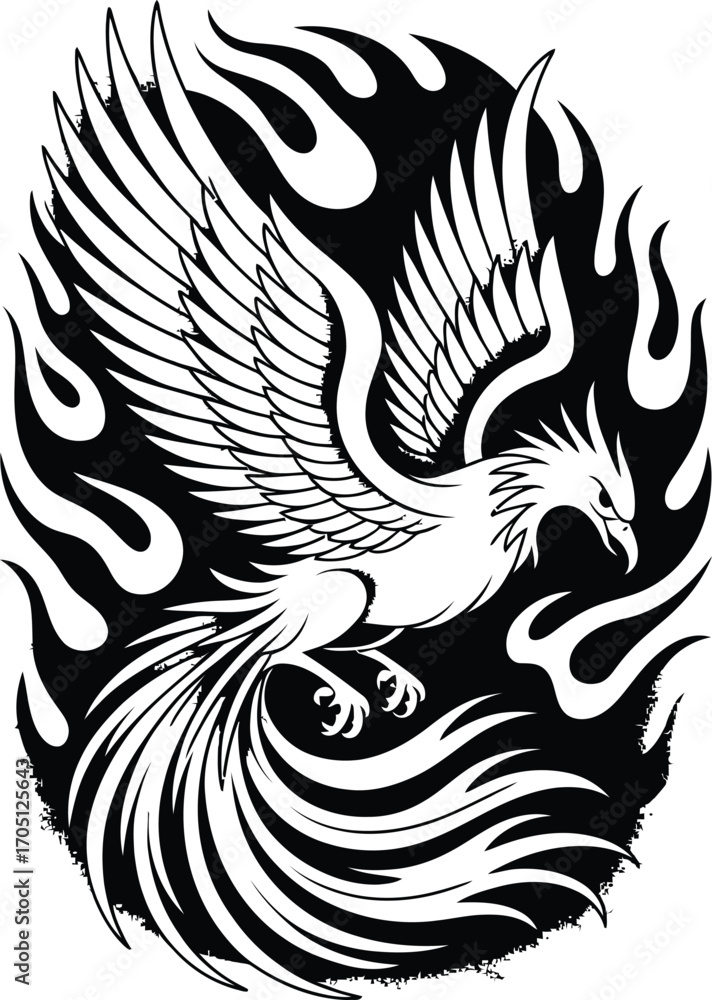 Fototapeta premium Black and white phoenix bird with flames fire