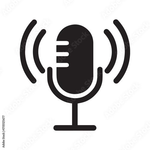 Retro microphone icon represents audio recording podcast broadcast media and sound waves isolated on white background