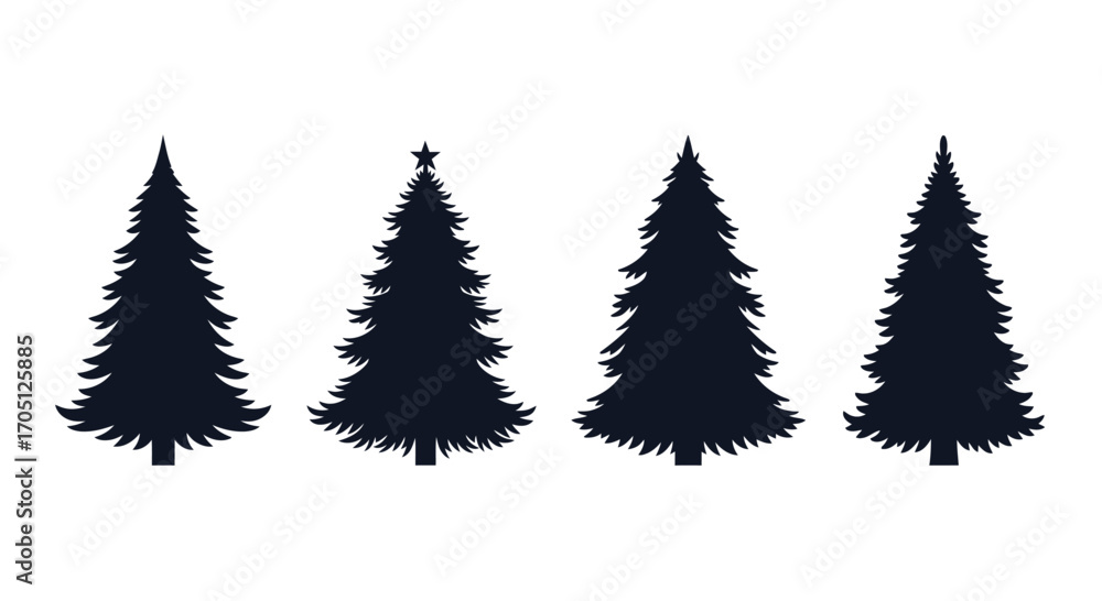 Obraz premium Set of four stylized dark blue evergreen christmas trees different shapes and sizes vector