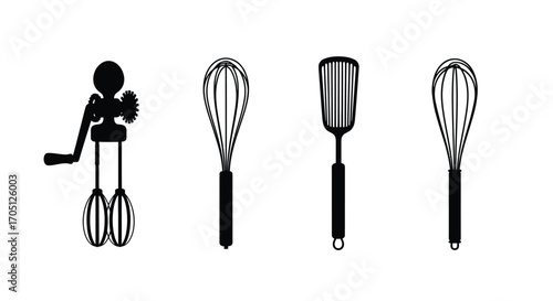 Collection of kitchen utensils including hand mixer whisk and spatula for baking and cooking vector