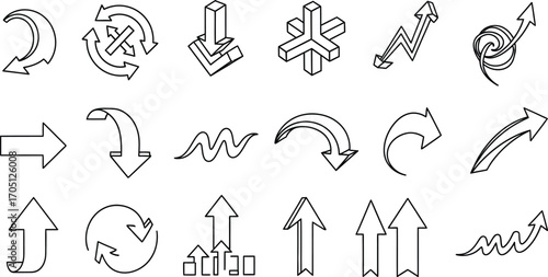 Collection of diverse hand-drawn arrow icons representing direction, movement, and progress