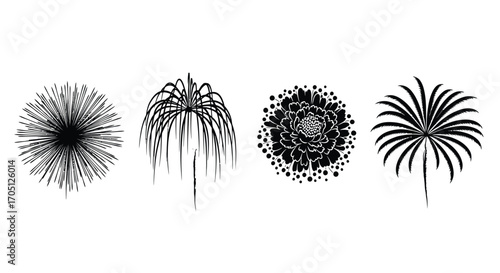 Collection of four stylized black and white fireworks explosions for festive celebrations vector