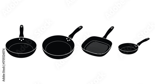 Set of four black cooking pans and frying skillets on white vector