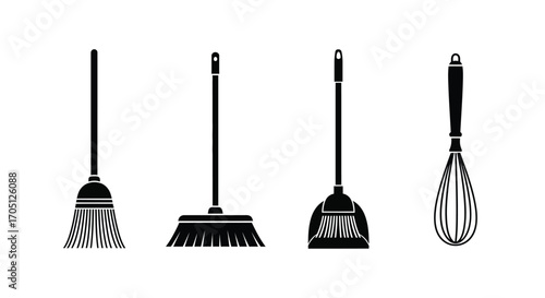 Four essential kitchen and cleaning tools set featuring broom whisk dustpan and brush vector