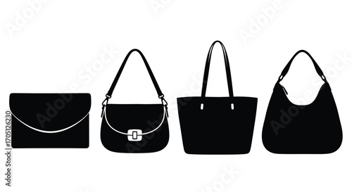 Diverse collection of elegant black handbags and purses arranged in a row vector