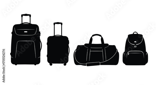 Set of four black silhouette luggage pieces rolling suitcases duffel bag and backpack for travel vector