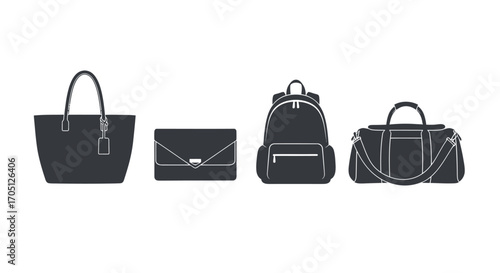 Collection of four modern black handbags and backpacks displayed individually vector