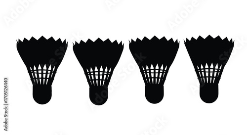 Row of four black badminton shuttlecocks isolated on sport equipment vector