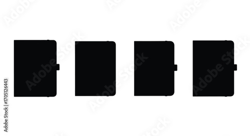Four identical black notebooks lined up side by side with different closure styles vector