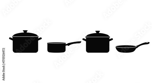 Collection of kitchen cookware pots and pans silhouette icons for cooking and food preparation vector