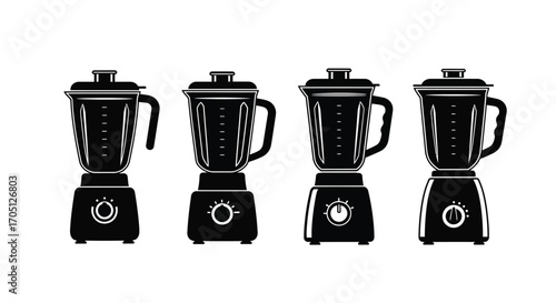 Four silhouette kitchen blenders showing different designs and styles for smoothies and food preparation vector