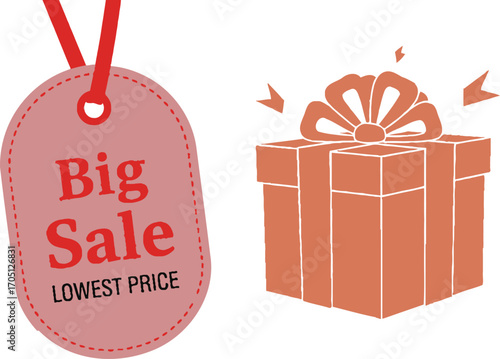 Big sale tag and gift box illustration for promotional events and discounts
