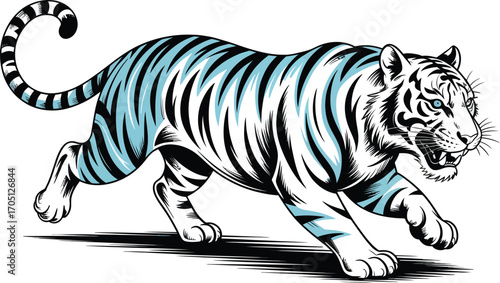 White tiger with blue stripes running vector