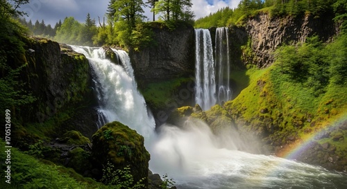 Waterfall cascading between mossy rocks  greenery rainbow on mist