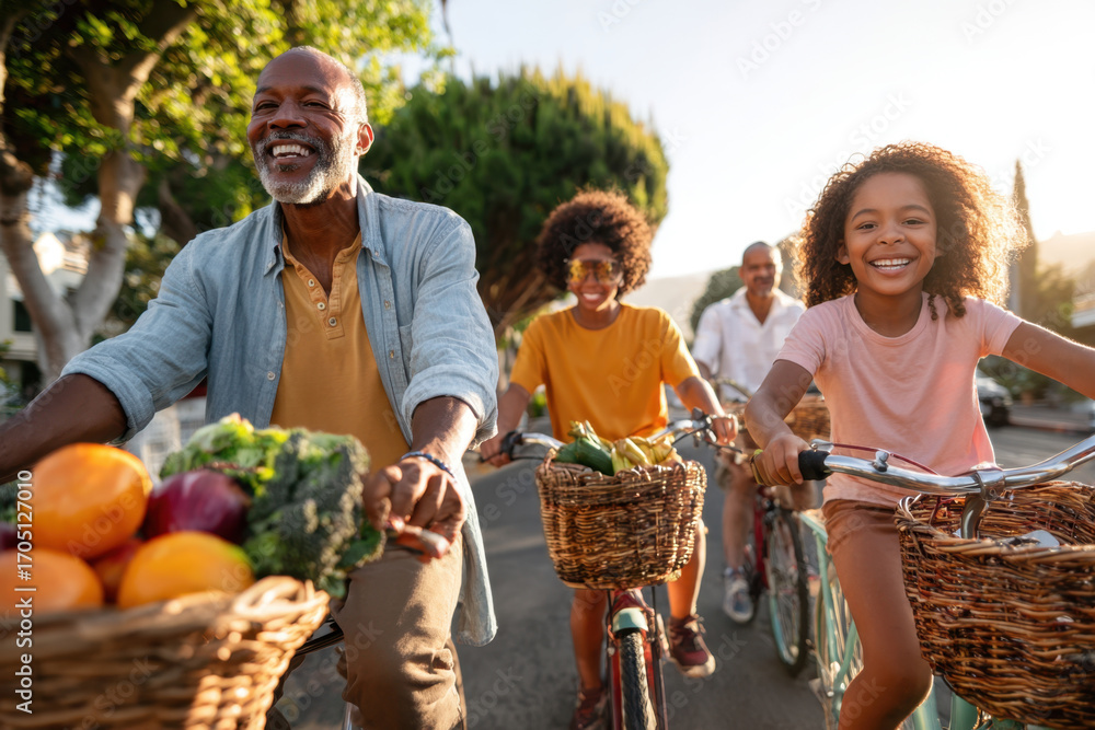 Obraz premium Family biking with fresh vegetables in sunny outdoor