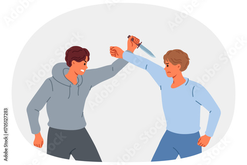 Man uses self-defense skills, fending off knife blows and trying to escape from attacking hitman. Guy skilled in martial arts and self-defense techniques escapes from street robber with dagger