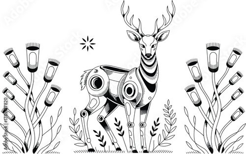 Black and white illustration of a mechanical deer with stylized plants