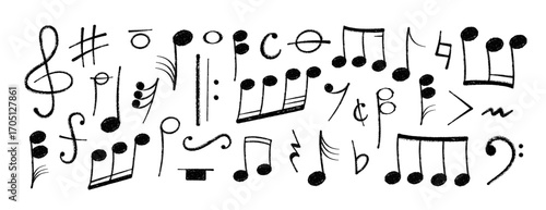 Crayon pastel or chalk music note signs doodle hand drawn symbol shapes set. Chalkboard textured musical symbols treble, bass clefs, pauses doodle collection.
