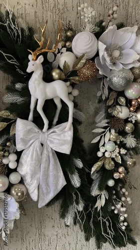 festive christmas wreath with deer and white bow	