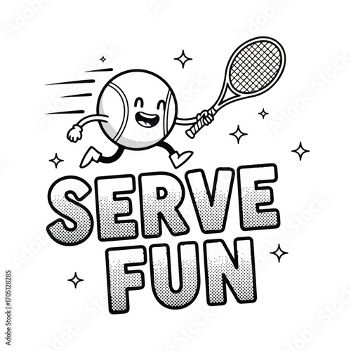 Cartoon tennis ball character with racket and the words "Serve Fun".