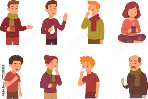 set illustration of sick people with flu or cold symptoms