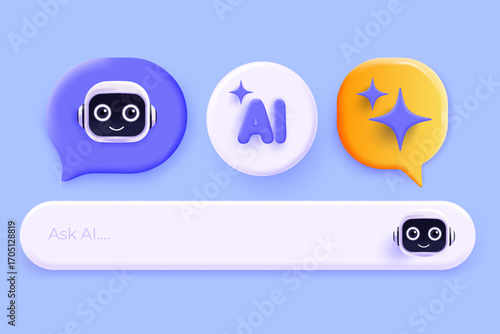 Modern 3D illustration of AI chatbot interface with colorful speech bubbles, text input bar, and futuristic icons. Perfect for tech, apps, messaging, and artificial intelligence concepts. Vector