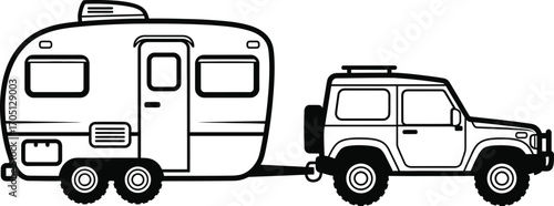 Adventure awaits with a rugged vehicle towing a travel trailer for outdoor exploration.