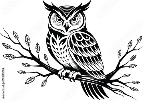 Black and white graphic owl perched on a branch with leaves