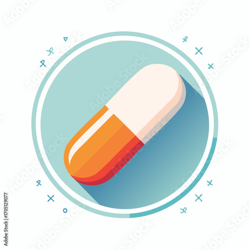Vector illustration of various pills and capsules on a blue background representing healthcare and medication