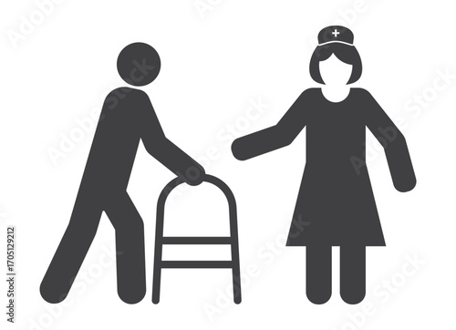 nurse and disabled person support with walkers wheelchair icon