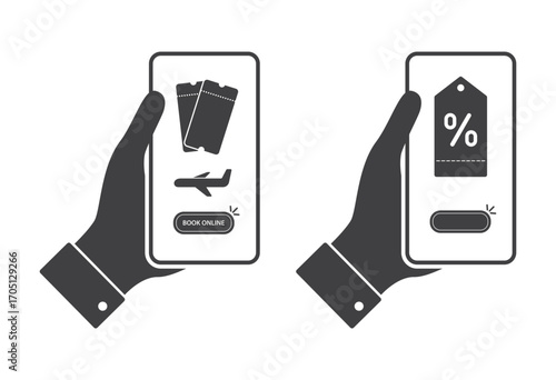 online shopping buy airplane ticket with smartphone in hand icon