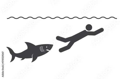 shark chase for swimming man in sea waves icon