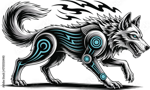 Fierce wolf with glowing blue tribal markings animal