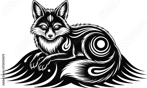 Black and white stylized fox with tribal patterns animal 1