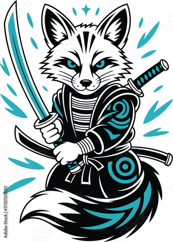 Fox warrior holding katana sword with blue accents