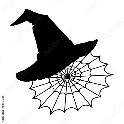 Logo con silueta de sombrero de bruja con tela de araña para tarjetas y felicitaciones de Halloween