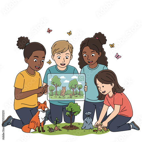 Empowering Future Generations: Diverse Children Learn Environmental Stewardship and Practice Sustainability with a Digital Tool - Vector Illustration