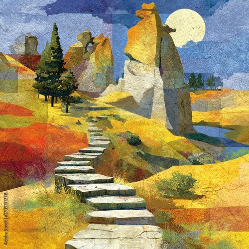 Winding stone steps ascend a colorful landscape under a full moon