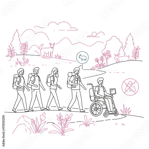 Accessible Outdoor Adventure Vector Illustration: Inclusive Wilderness Exploration for All Abilities
