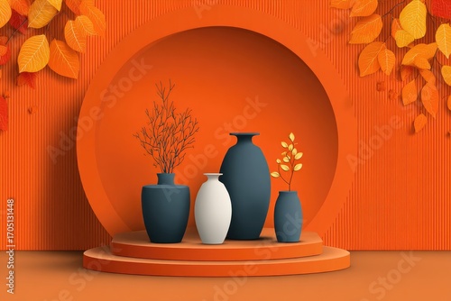 Orange podium with vases, autumn leaves
