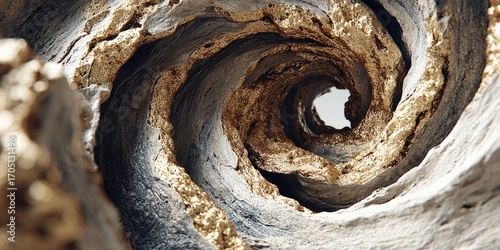 Abstract swirling vortex of textured gold and gray rock
