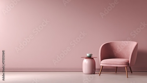 Blush pink armchair and side table against a matching wall, minimalist design, single cup on table, soft light